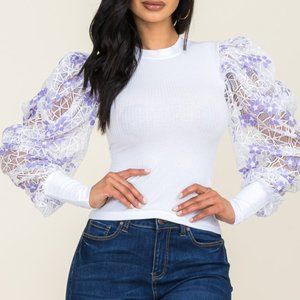 Lace Puffy Sleeve Top, Puffy Long-sleeves Tops in Lavender Color